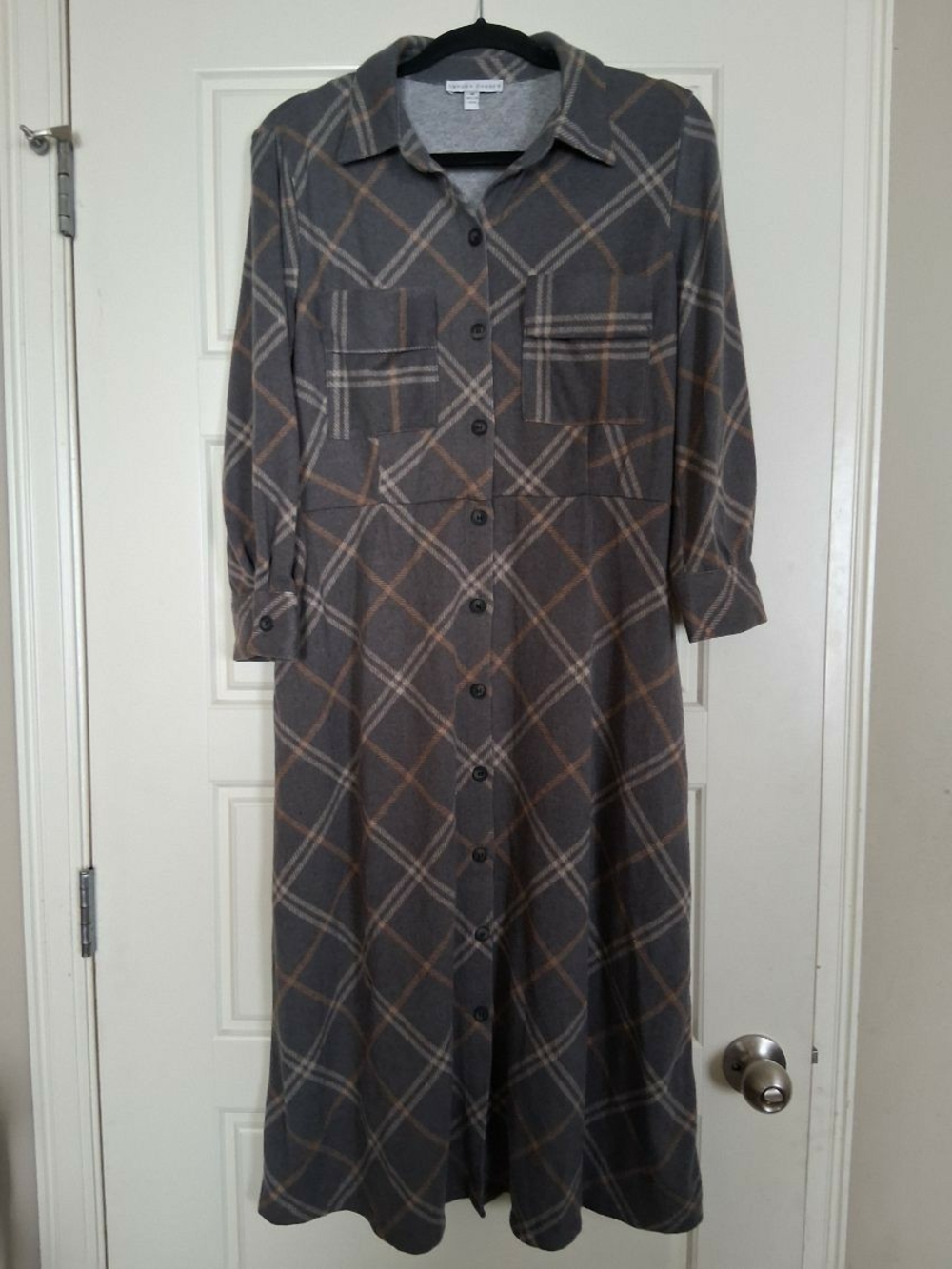 Sandra Darren Gray Plaid Maxi Shirt Dress with Tan Accents